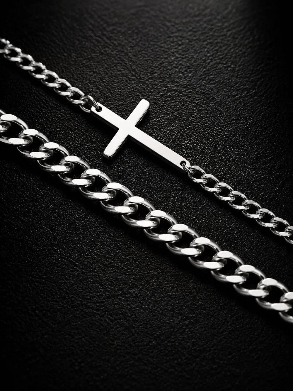 Silver Cross and Curb Chain Bracelet Set
